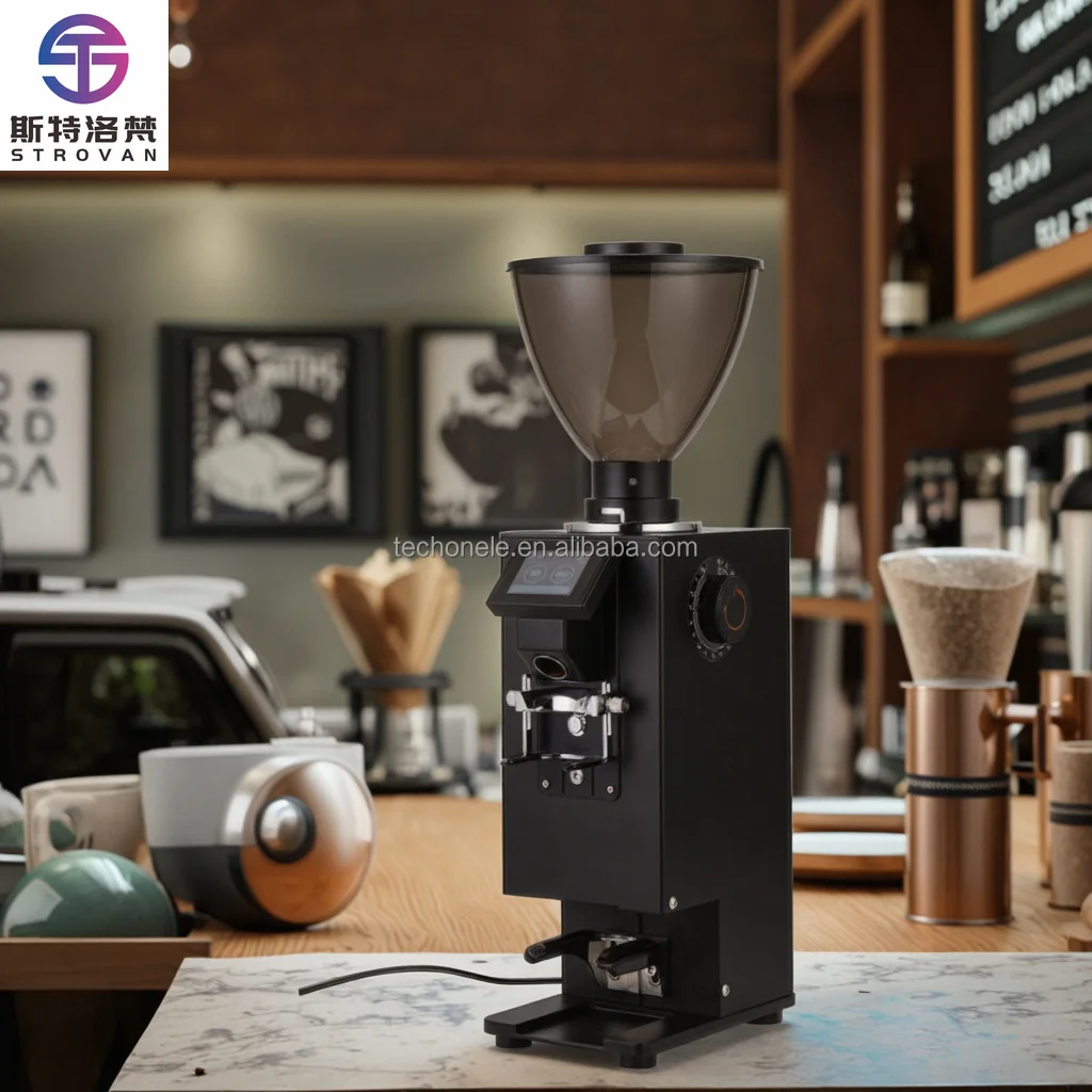 

Commercial Electric Coffee Grinder with Automatic Tamper Stainless Steel LED 64mm Burr Coffee Grinder for Shop