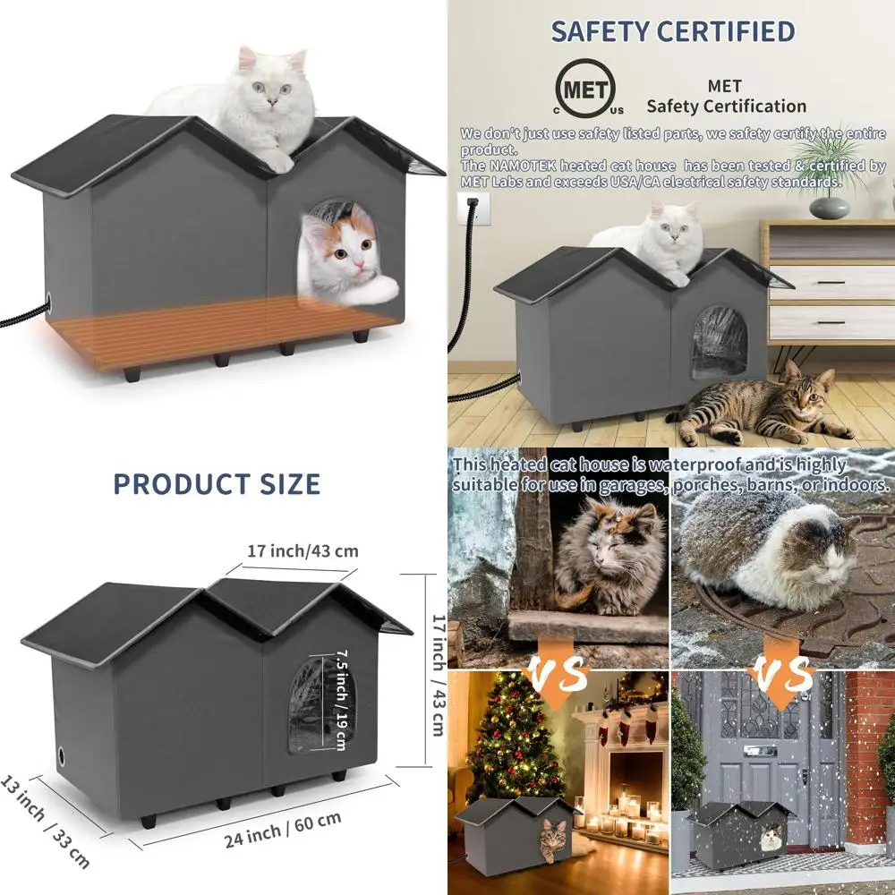

Elevated Waterproof Insulated Cat House for Indoor/Outdoor Use with Heated Bed, Suitable for Feral Cats, Easy Assembly, Large Si