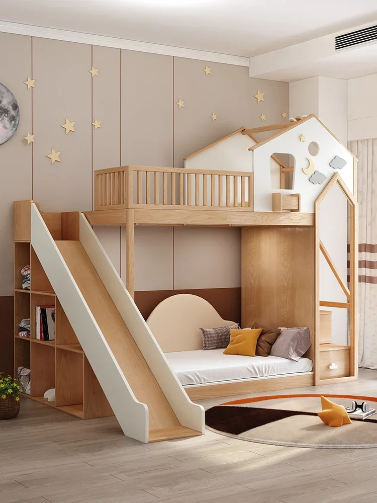 Children's solid wood treehouse bed log wind elevated bed High and low with slides Bunk beds can be customized