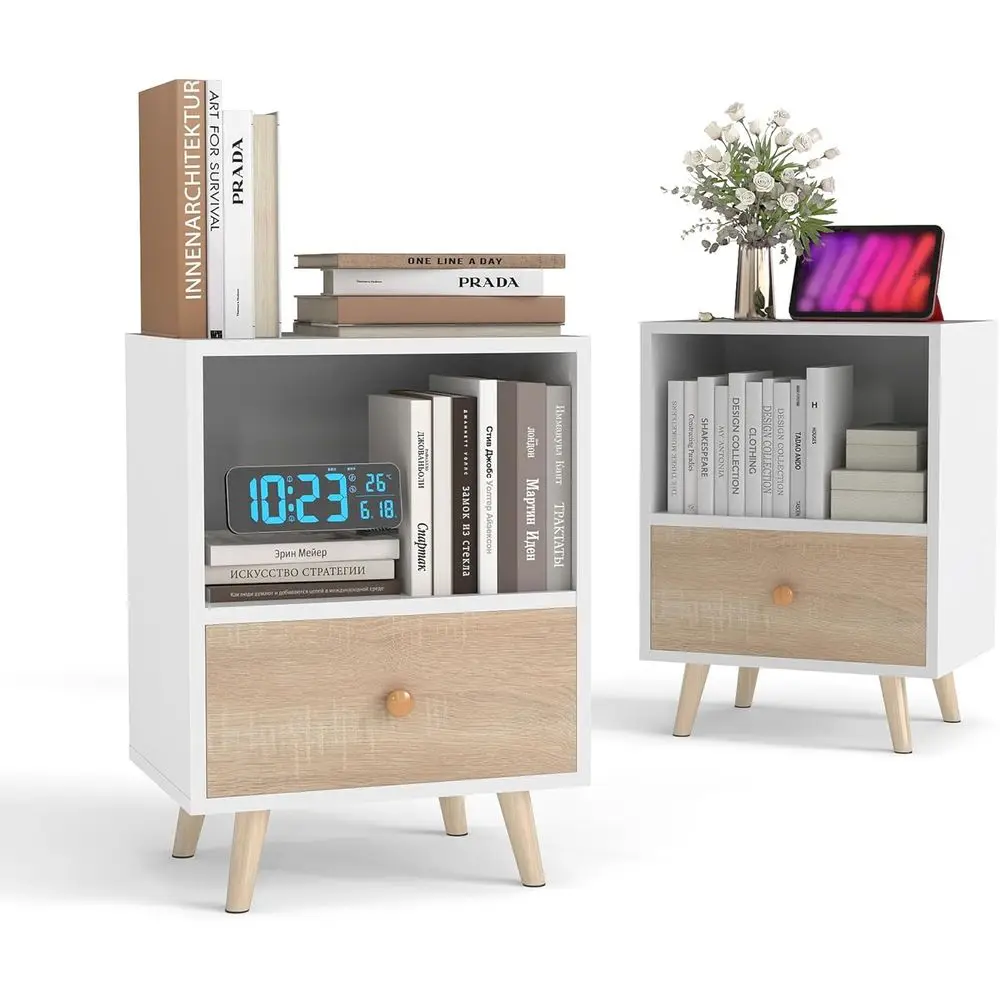 

Set of 2 Nightstands with Drawer and Open Storage Shelf for Bedroom Featuring Solid Wood Legs Ideal for Bedside Living Room or