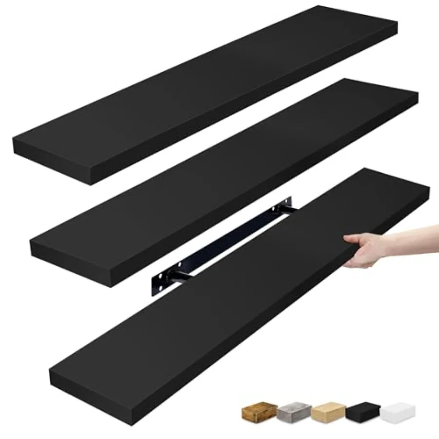

35 Inch Floating Wall Shelves for Bathroom Bedroom Kitchen Living Room Decor - Black 3 Pack Invisible Bracket Mount Book Storag