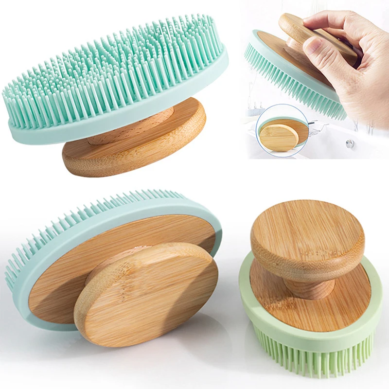 

1PC Bamboo Handle Silicone Brush Soft Wet Dry Skin Body SPA Brush Bath Massager Home