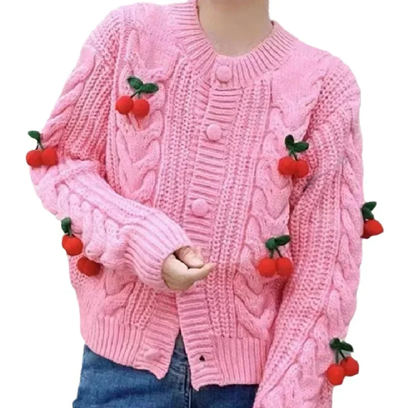 Cardigan Women Cherry Sweet O neck Sweater 2024 Autumn Winter New Women\'s Short Thickened Knitted Cardigan Loose Female Top