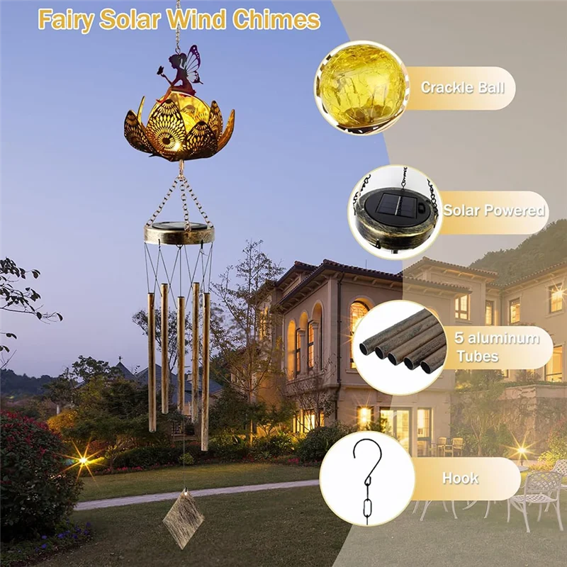 AB68 الجنية الشمسية الرياح الدقات للخارج، شنقا البستنة هدية لجميع أمي النساء الجدة زوجة، هدية عيد ميلاد الذهب