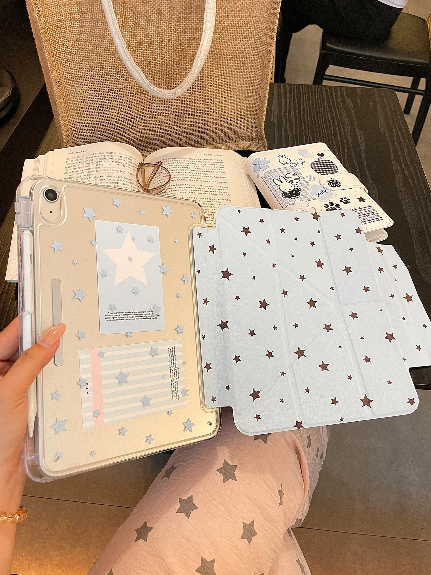Korean Cute Blue Pink Star Y2K Y-Fold Tablet Case For iPad Pro 11 12.9 13 A16 M2 M4 M3 M5 5/6/7/8/9/10/11th Mini Air 3 4 5 Cover