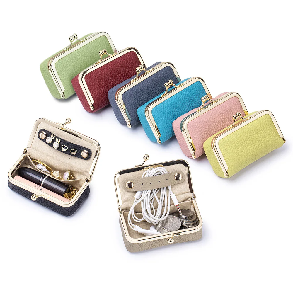Genuine Leather Women Mini Coin Purse,Exquisite Kiss Lock Jewelry Case with Compartments for Rings,Earrings,Necklaces,Lipstick