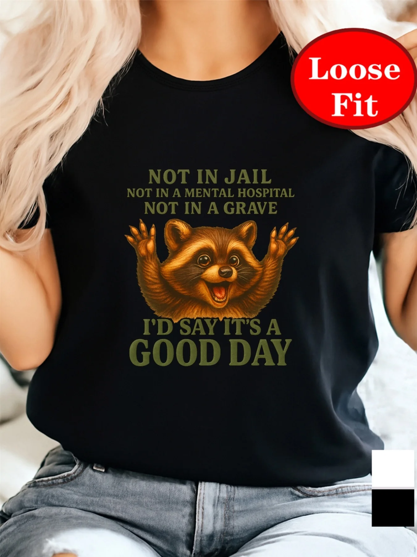 Raccoon, Good Day Print Cute Cartoon Print Short Sleeved T-shirt Round Neck Daily Summer Casual Top