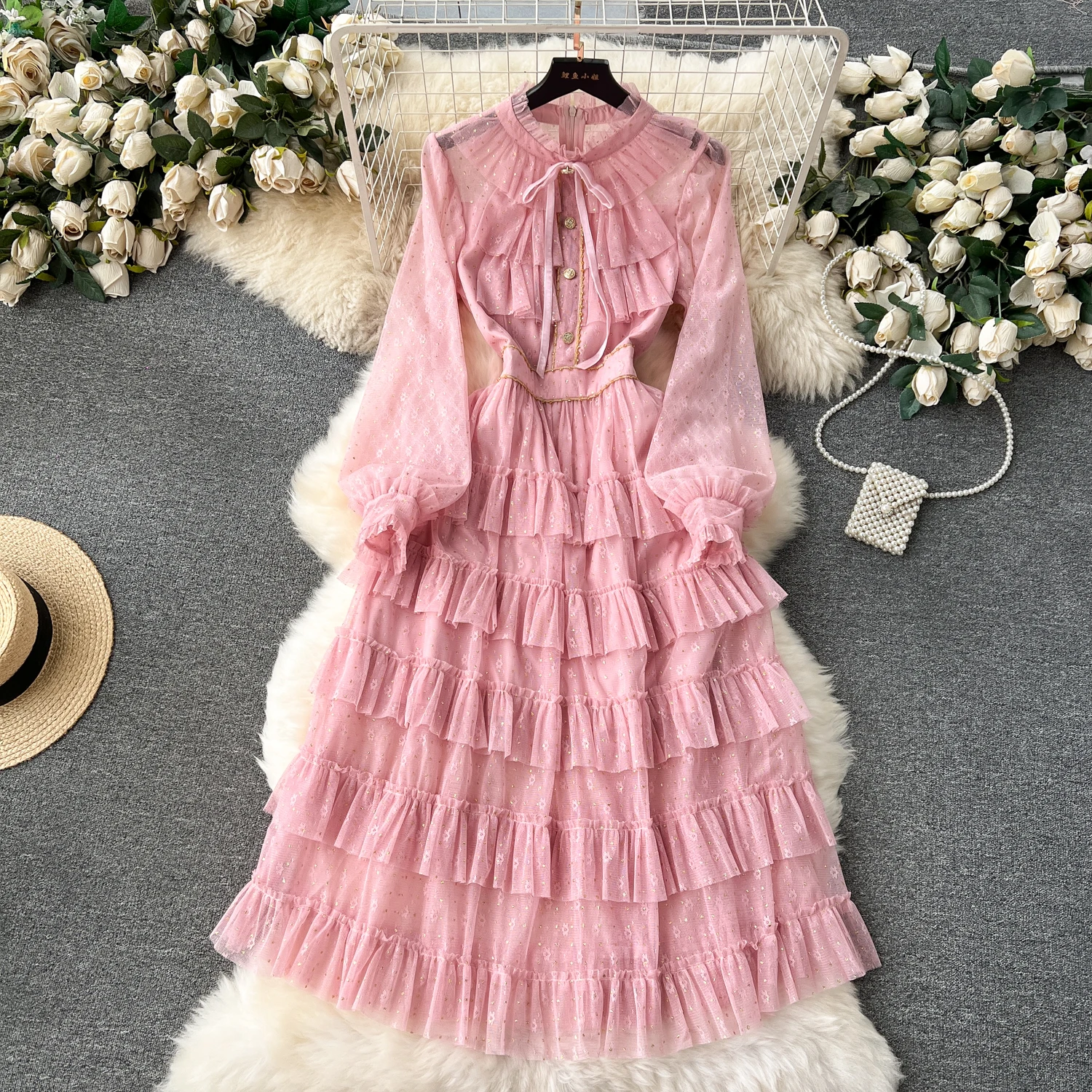 Elegant Long Sleeve Vintage Stand Collar Chic Sweet Mesh Pleated Slim Cake Long Dresses French High Street Autumn Women Clothing