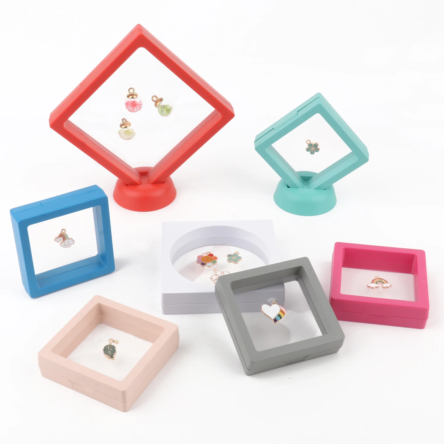 PE Film Colorful Jewelry Storage Box 3D Packaging Case Gemstone Free Stand Floating Frame Membrane Ring Earring Necklace Display