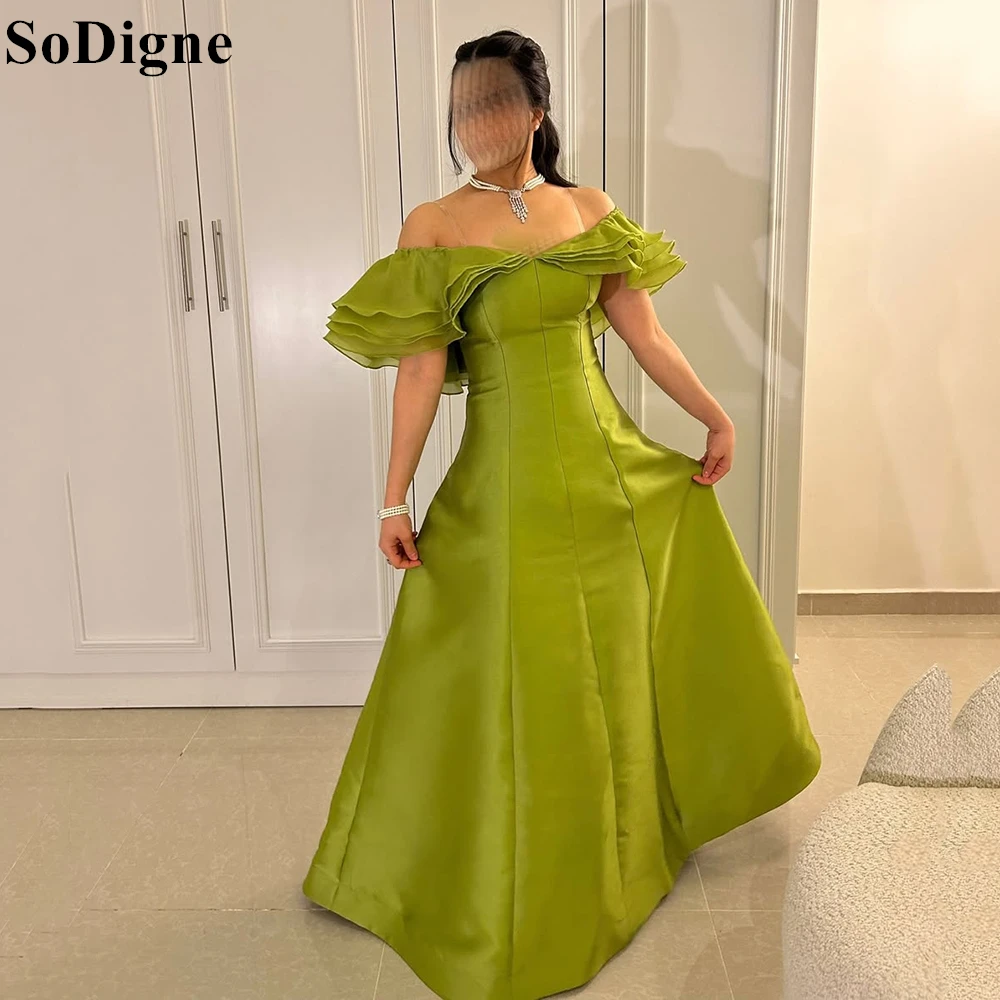 

SoDigne Elegant Green Satin Evening Dresses A-Line Off Shoulder Ruffles Sleeves Pleated Party Dress Formal Prom Gowns Customized