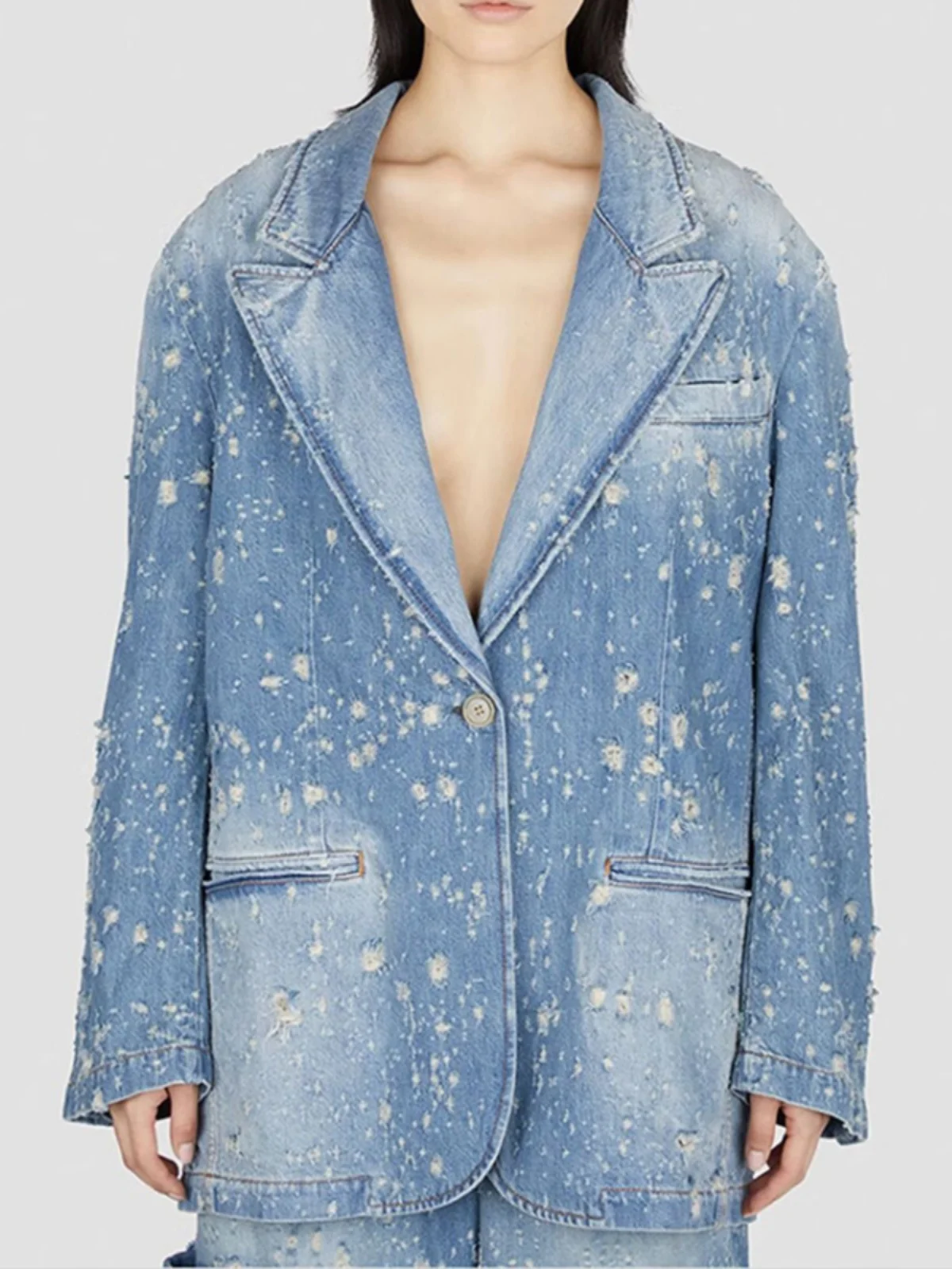 

STUDIO Women's Oversized Denim Jaet Mid-Length Spring Autumn Design Sense Individuali Full-Length Hole Cut-Out