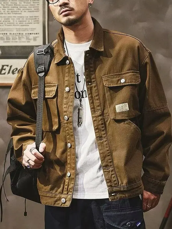 

American Sle Heavyweight Retro Denim Jaet Men's Loose Hard Man Hunting Workwear Jaet Multi ket Waed Denim
