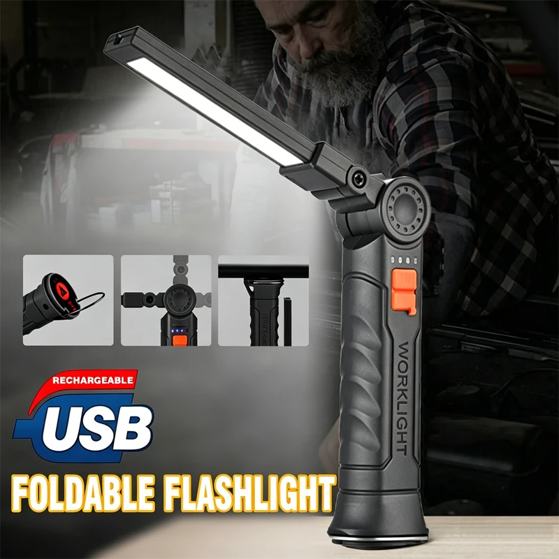 Rechargeable COB LED Work Light w/Magnet Base,360° Rotation,HooksDual Lamp Modes,Waterproof,Portable for Camping,Fishing,Reading
