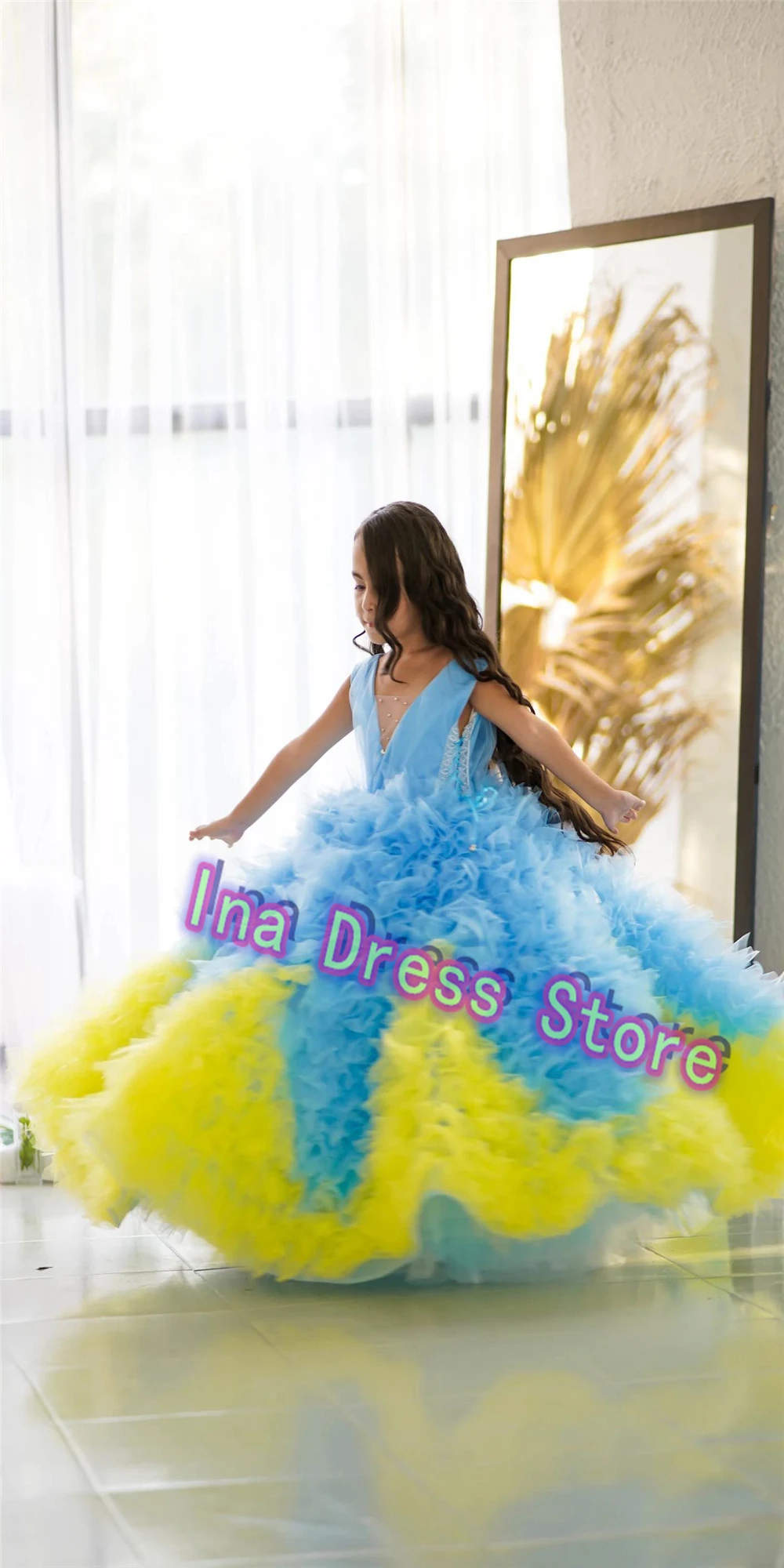Quality Lovely Blue With Yellow Rainbow Splicing Flower Girl Dress Tulle Fluffy Wedding Little Girls Birthday Party Evening Gown