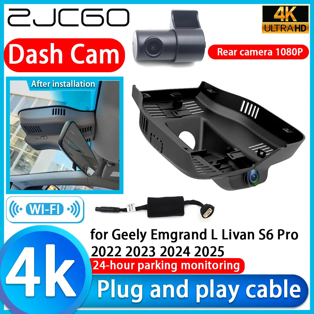 Cámara para Auto ZJCGO para Geely Emgrand L Livan S6 Pro 2022 2023 2024 2025, DVR 4K, Cámara de Tablero 2160P con Lente Sony, Grabador de Video con Monitoreo 24h