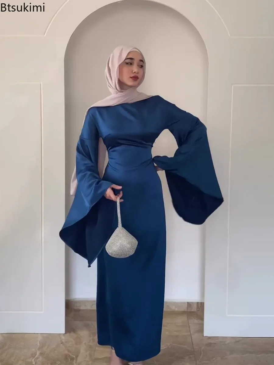 2025 Spring New Women's Slim Satin Maxi Dress Fashion Flared Sleeve Elegant Party Robe Eid Muslim Modest Abayas Islamic Clothing