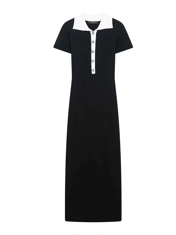 

European style new women's fashion splicing contrast color hip short sleeve long single breasted knitted dress