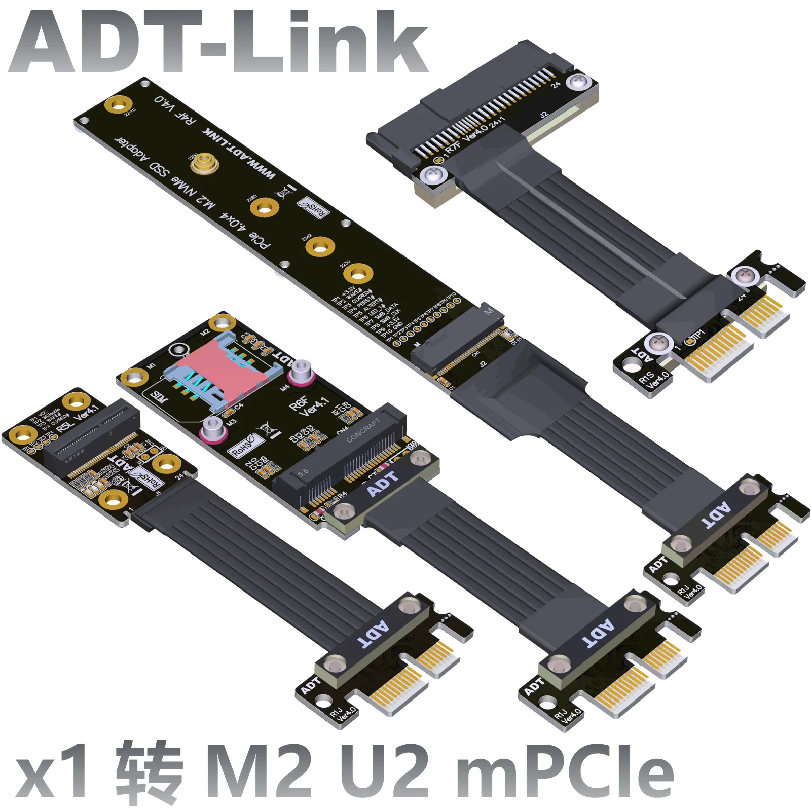 ADT M.2 NVMe/M.2 WiFi/Mini PCIe/U.2 SFF-8639 SSD Riser Card to PCIE X1 4.0 3.0 Riser Adapter A.E Key-M NGFF mPCIe M2 U2 Extender