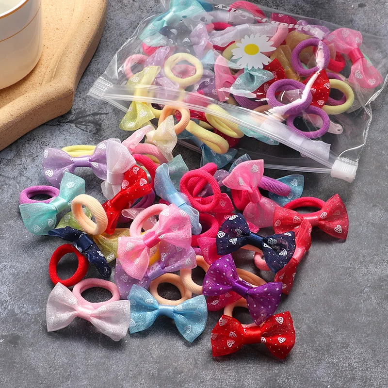 20Pcs/Set Colorful Nylon Small Elastic Hair Bands Kid Cute Bow Ties Ponytail Holder Headband Children Hair Accessories for Girls