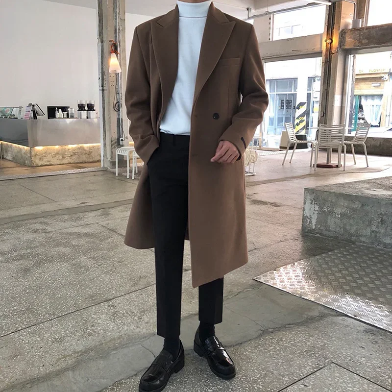 

Men's Autumn Winter Mid Length Woolen Coat New Korean Tide Black Thickned Overcoat Long Sleeve Double-breasted Jackets