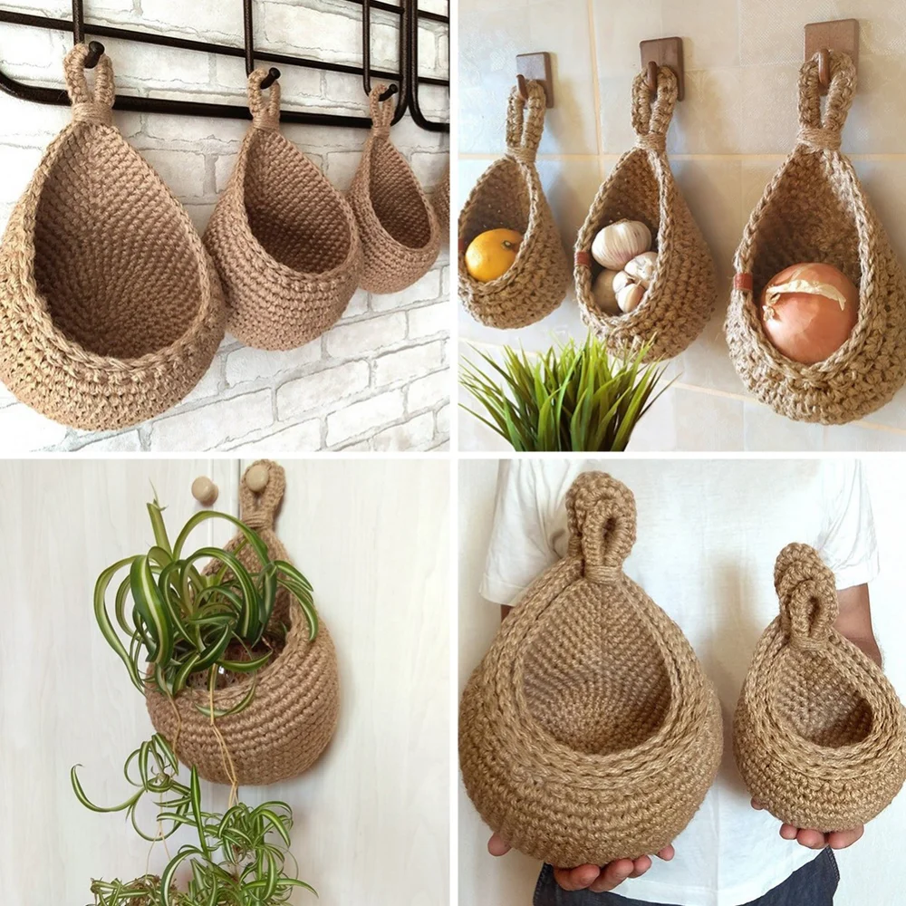 1/3/6pcs Handwoven Hanging Wall Vegetable Fruit Basket Organizer Container Decor Garden Mount Wall Plant Flower Onion Storage