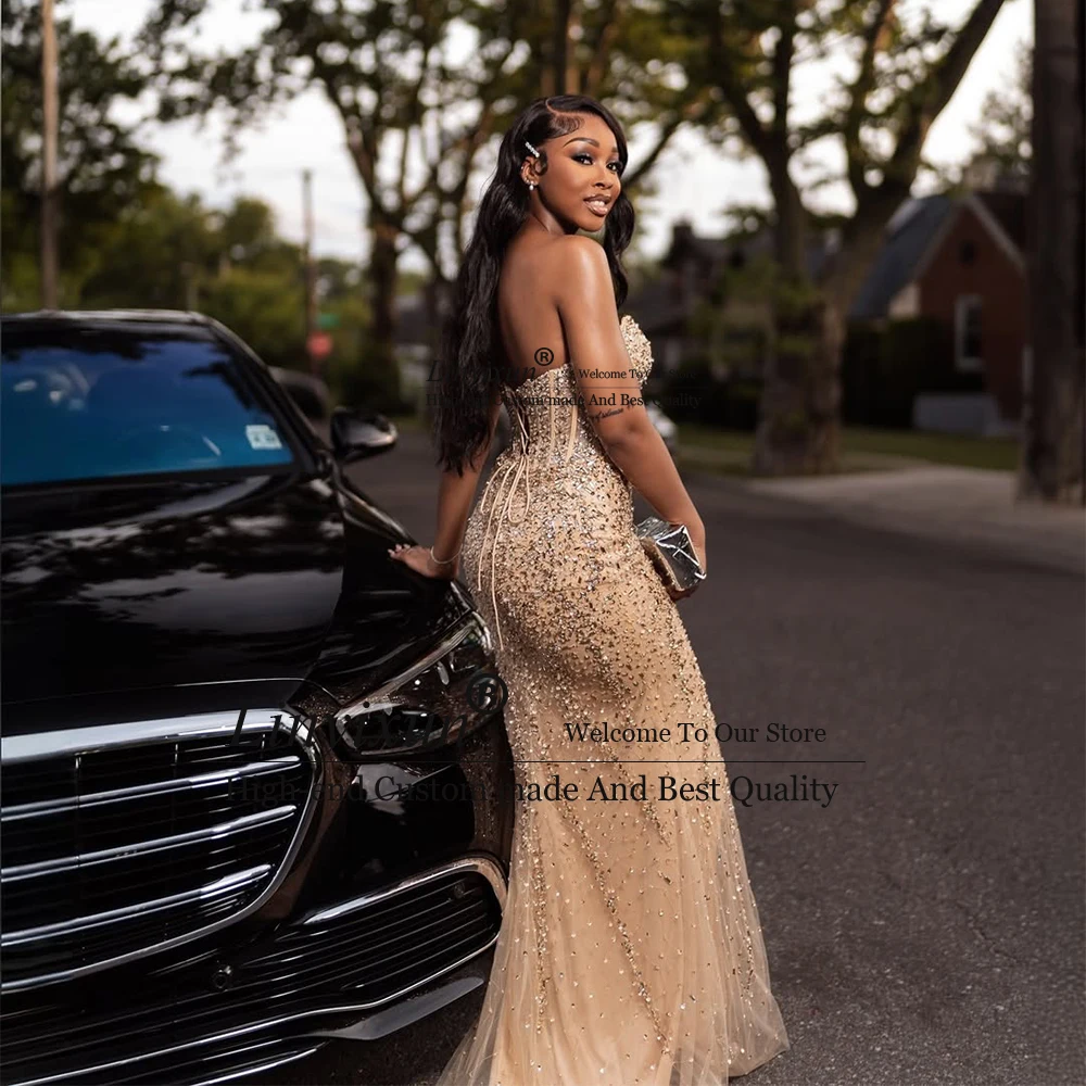 Robes de bal sirène de luxe à paillettes pour filles, sans bretelles, en Tulle, robes de soirée personnalisées