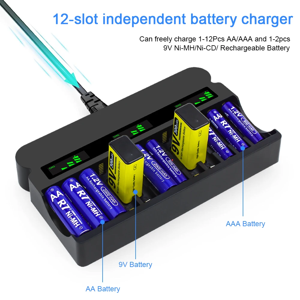 12-Slot Battery Charger With LCD Display Smart Intelligent For NiCd NiMh AA AAA 9V Rechargeable Batteries aa aaa 9v charger