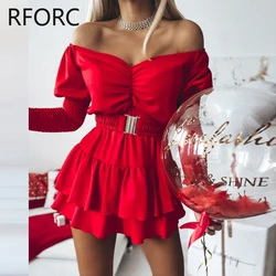 2023 Women Solid Off Shoulder Long Sleeves with Elastic Belts Ruffle Hem Mini Red Dress