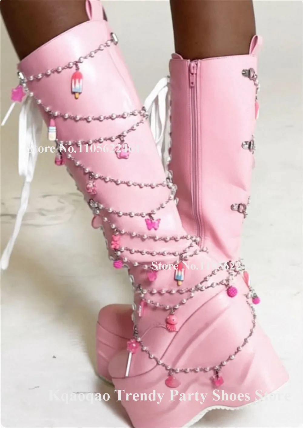 Cute Pink Leather Pearls Chains Candy Decor Wedge Heel Knee High Boots Round Toe Lace-up Platform Height Increasing Long Wedges