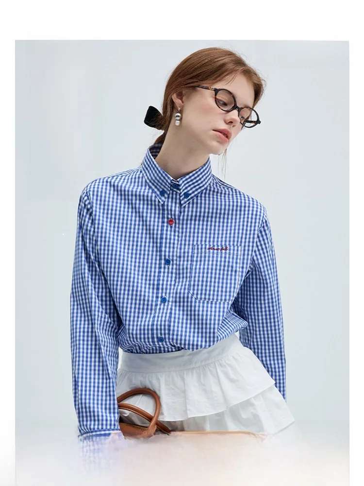 

Blue Plaid Long Sve irt Women's Artistic Retro Miu Sle Spring New Arrival VEGA CHANG Commute Sle Straight Cut Button...