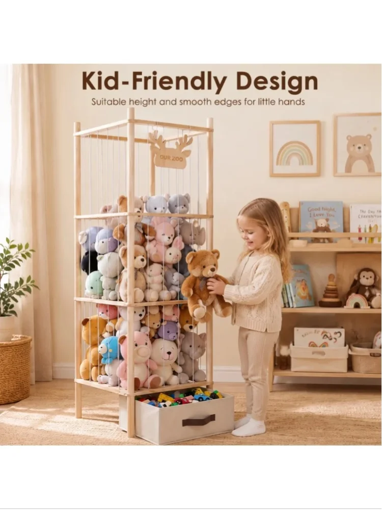 Holz-Plüschtier-Aufbewahrungsregal mit Stoffschubladen, Aufbewahrungskorb für Plüschtiere, Aufbewahrungsregal für das Kinderzimmer, Spielzeug-Aufbewahrungsbox für das Kinderzimmer