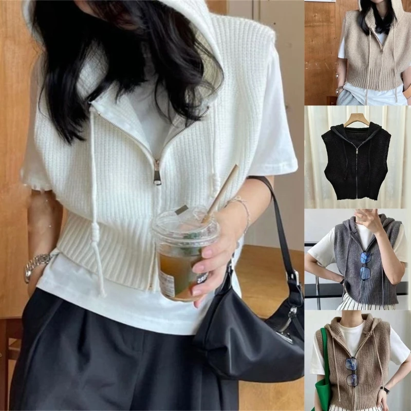 

Hooded Knitted Vest for Women Casual V-Neck Zipper Sleeveless Sweater Crop Top N7YF