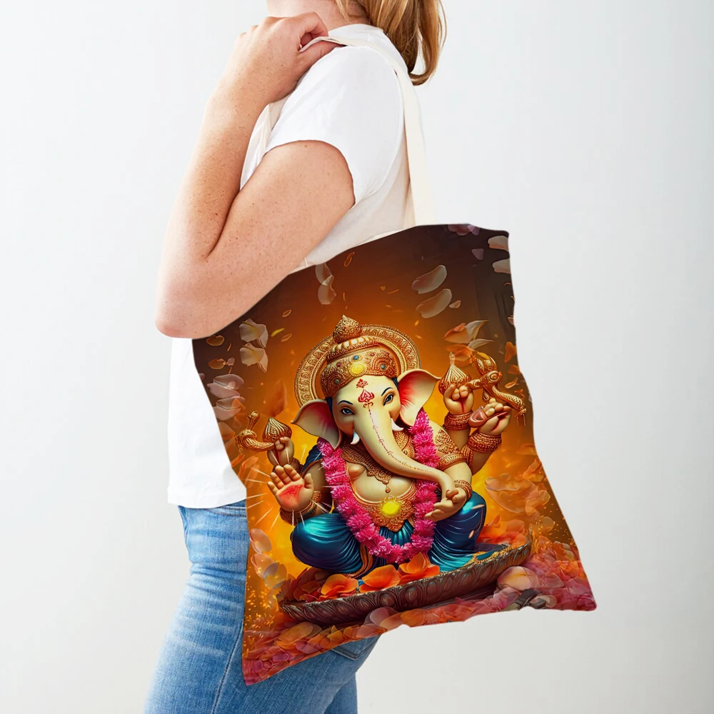 Cute Cartoon Shiva Ganesha Casual Women Shopping Bag Both Sides Indian Mythology Canvas Girl Travel Tote Handbags Shopper Bags