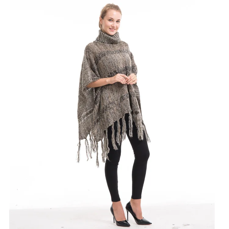Autumn Winter High Collar Tassel Warm Knitting Cape Versatile Women Sweater Fashion Street Poncho Lady Capes Gray Cloaks