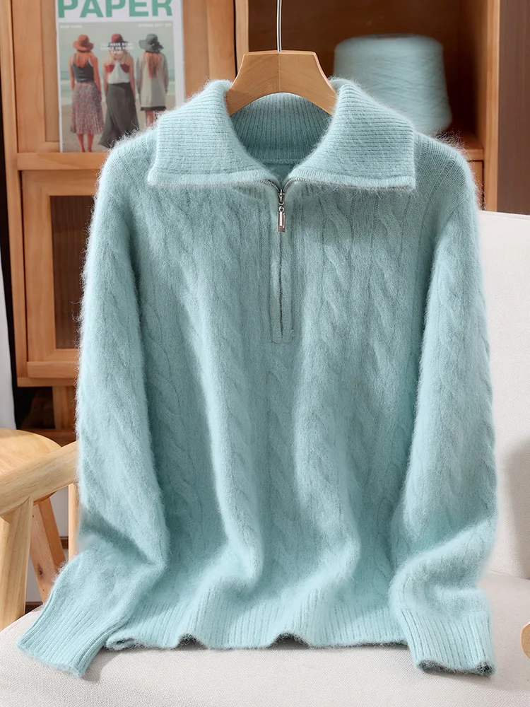 TLOML Maglione da donna in cashmere visone 100% colletto rovesciato pullover con mezza cerniera autunno inverno visone cashmere cavo maglieria top