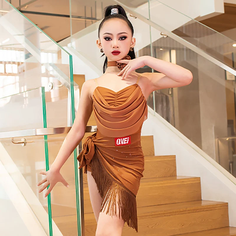 Vêtements de danse latine pour enfants filles, body et jupes à pompons, Costume de compétition de Performance professionnelle Standard National