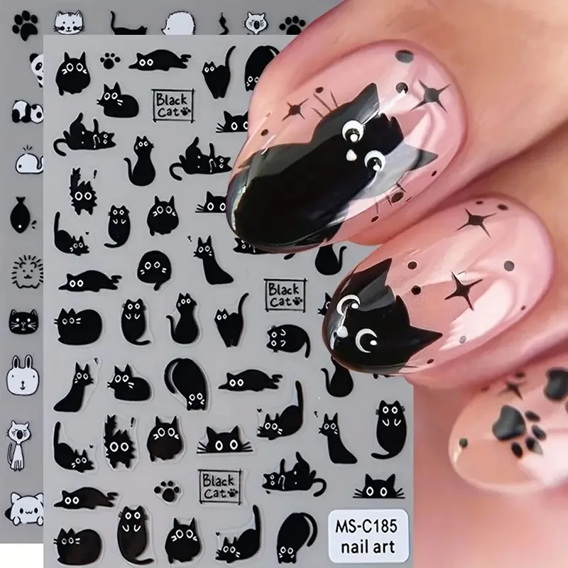 Cute 3D Black Cat Nail Sticker - Cartoon animal cat Decal, various graphics for DIY nail art, self-adhesive and hypoallergenic