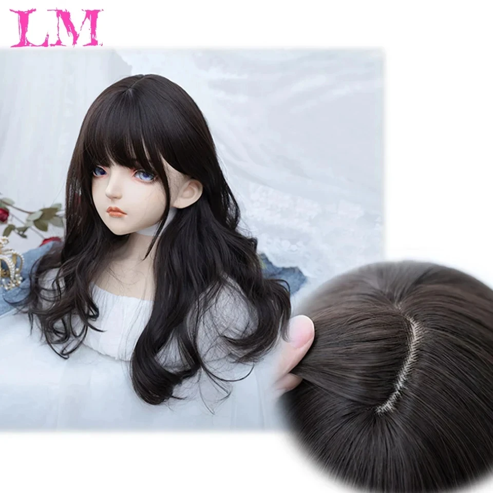LM Synthetic Long Black Brown Wigs With Bangs for Women Long Wavy Hair Wig Natural Cosplay Party Heat Resistant