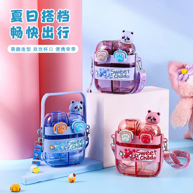 

Cute Creative Cartoon Double Drink Children Straw Cup Large Capacity Plastic Water Drinking Kettle with Strap Juice Tea Bottle