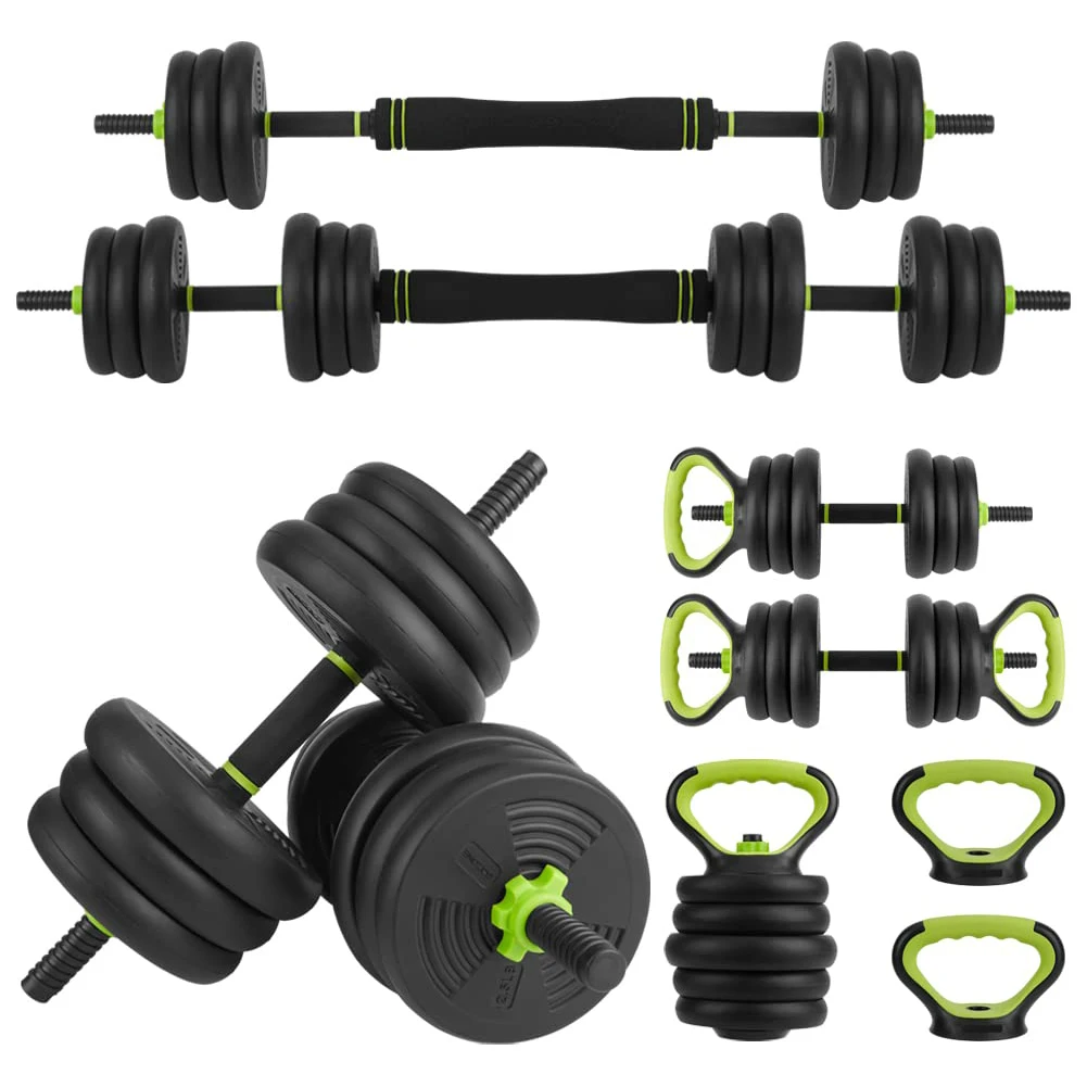 44LB Verstellbares Hantelset – 4-in-1-Heimtrainer mit Langhantel, Kettlebell und Liegestützgriffen, gummibeschichtete, rutschfeste Gewichte für Ganzkörpertraining zu Hause