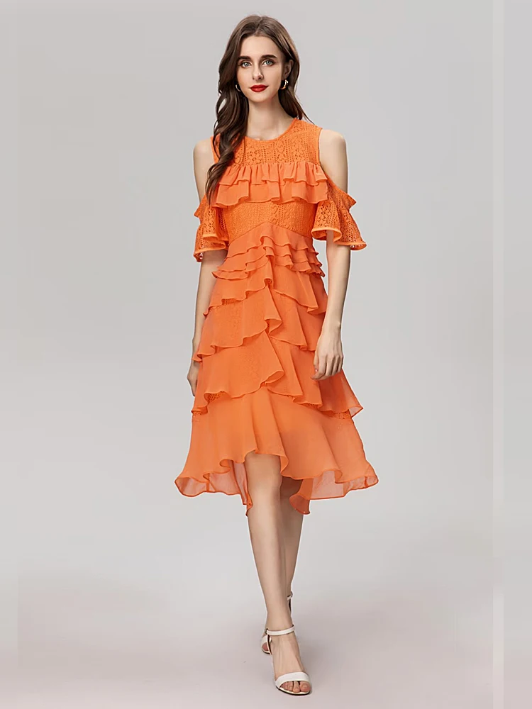 Female Summer High Quality Fashion Party Red Orange Ruffle Lace Slim Hollow Out Pretty Girls Sexy Cake Off Shoulder Midi Dress