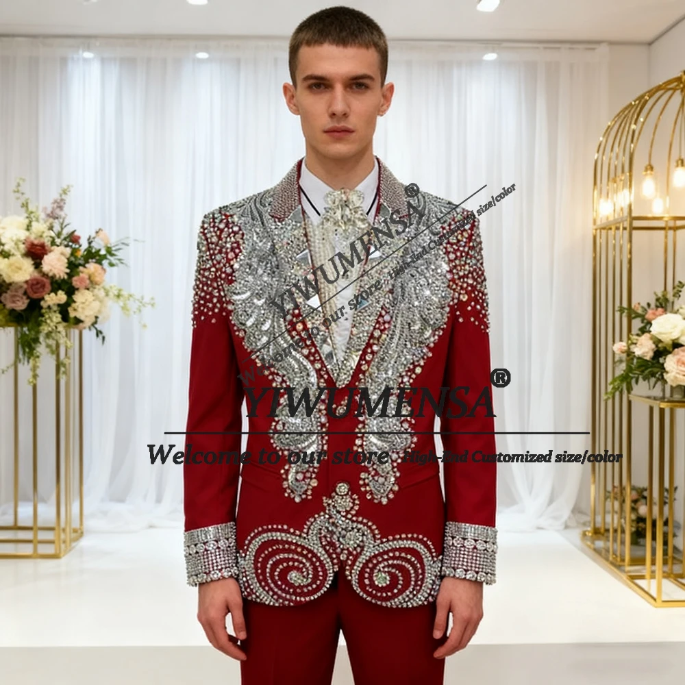

Блестящий костюм со стразами и бисером для мужчин, индивидуальный пиджак для выпускного вечера, комплект из 2 предметов, однобортный смокинг жениха, свадебный Ropa Hombre