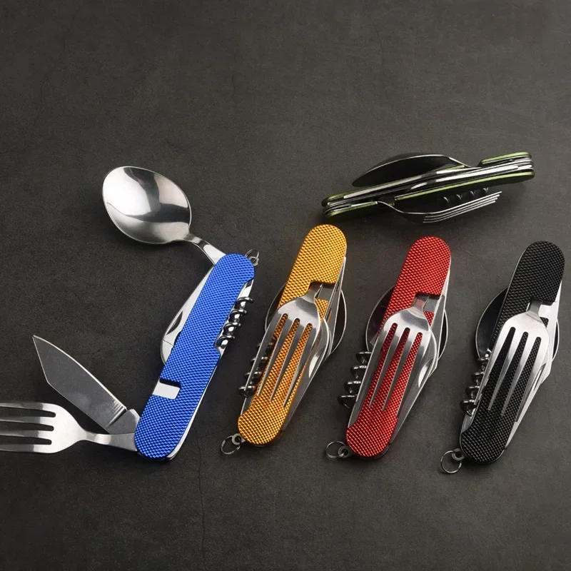 

New Six Open Multifunctional Camping Detachable Folding Knife and Fork Spoon Combination Outdoor tableware Portable EDC Tools