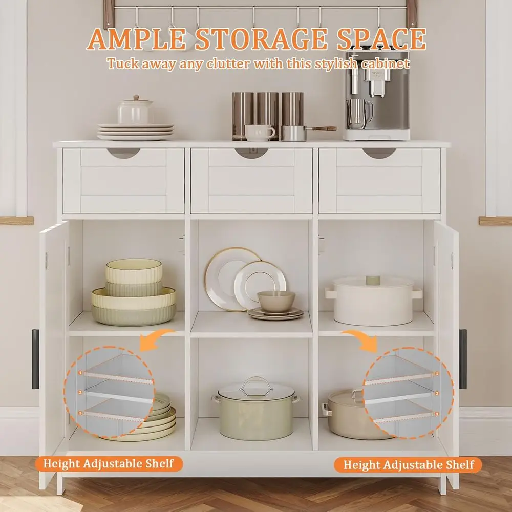 White 2-Door, 3-Drawer Coffee Bar Cabinet with Adjustable Shelves for Home Storage