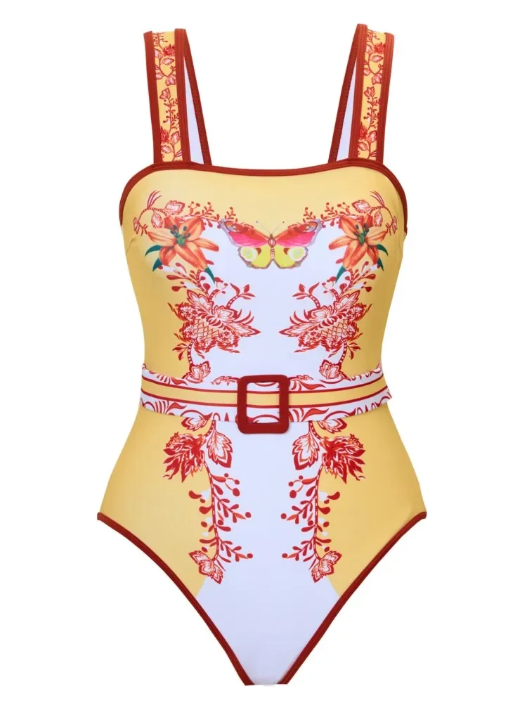 Retro Bikini Printed Fashion One Piece Swimsuit And Cover Up With Skirt Tight Women's Bandage Summer Beach Luxury Elegant