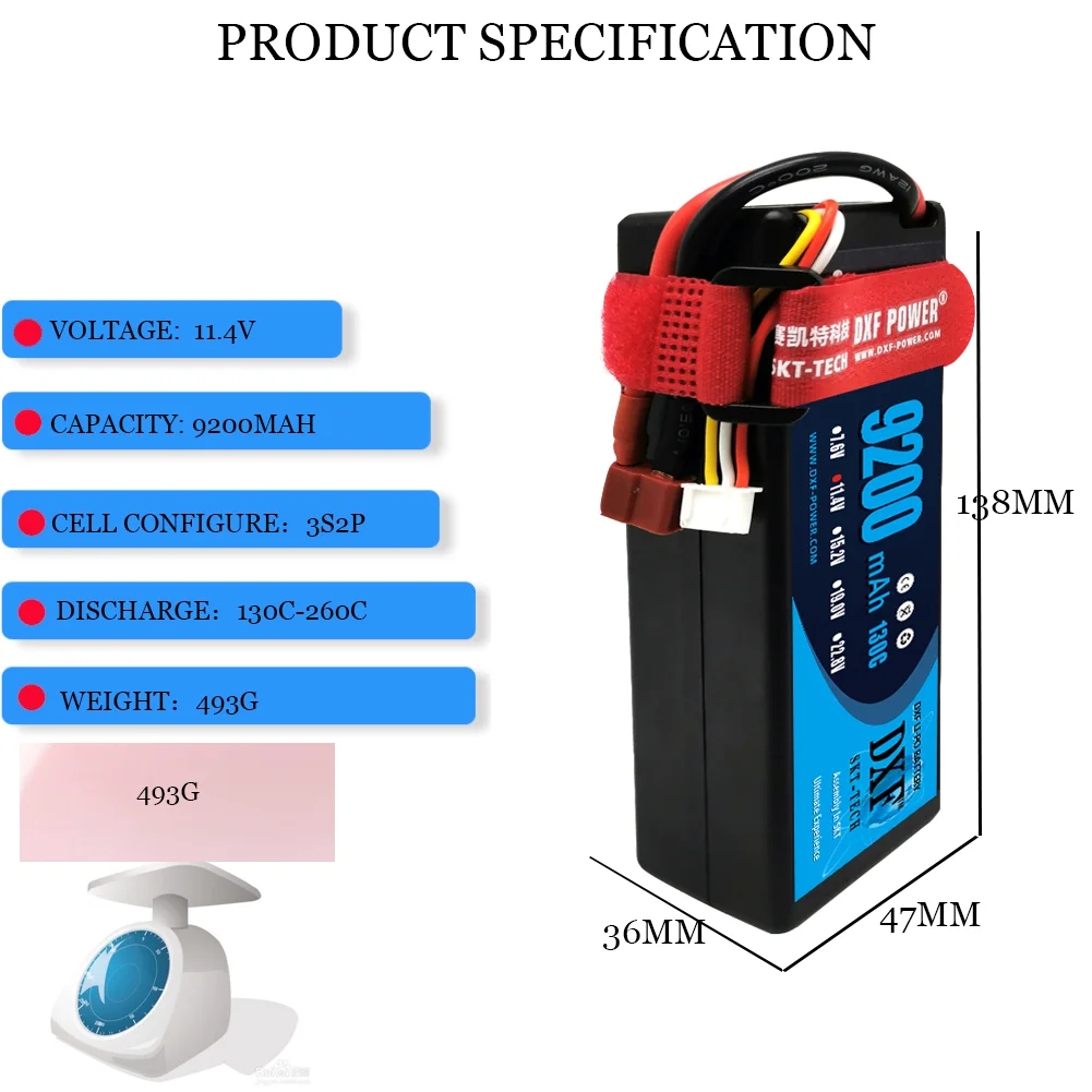 DXF 3S Lipo Battery 11.4V HV 9200mAh 130C with EC5 Plug Hardcase for 1/8 Buggy Truggy Offroad Car Boat Truck Airplane UAV RACIN