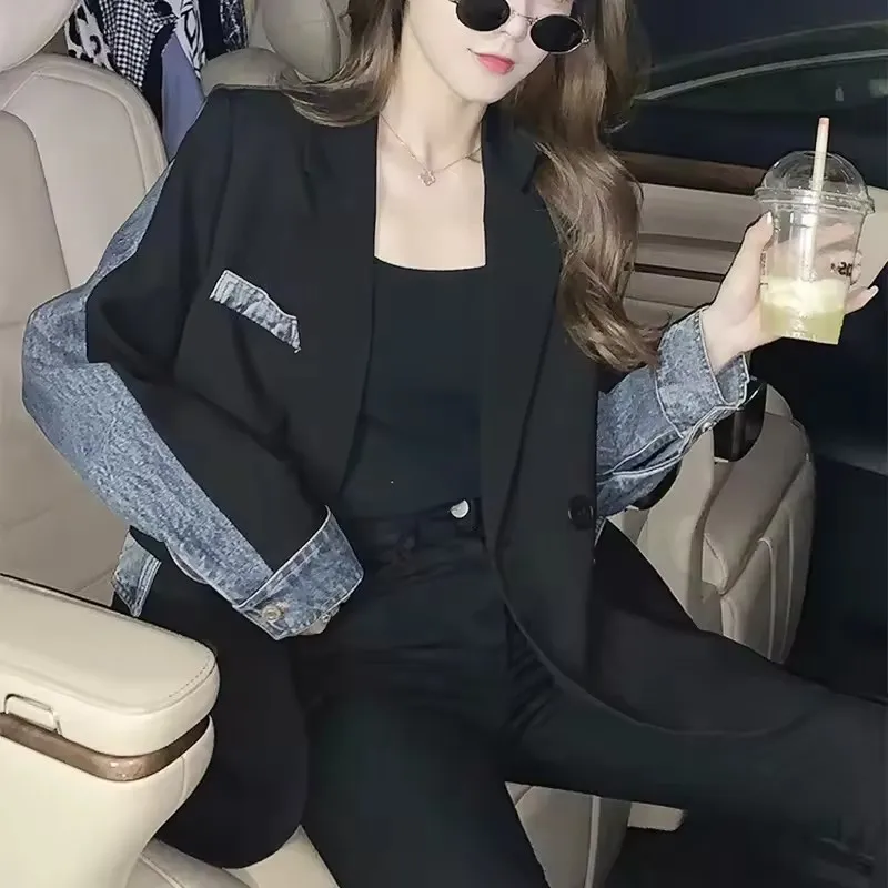 Unique Design Denim Stitching Blazer Jacket Women Spring Autumn New Cowboy Suit Coat Female Casual Outerwear Blazer Ladies Tops