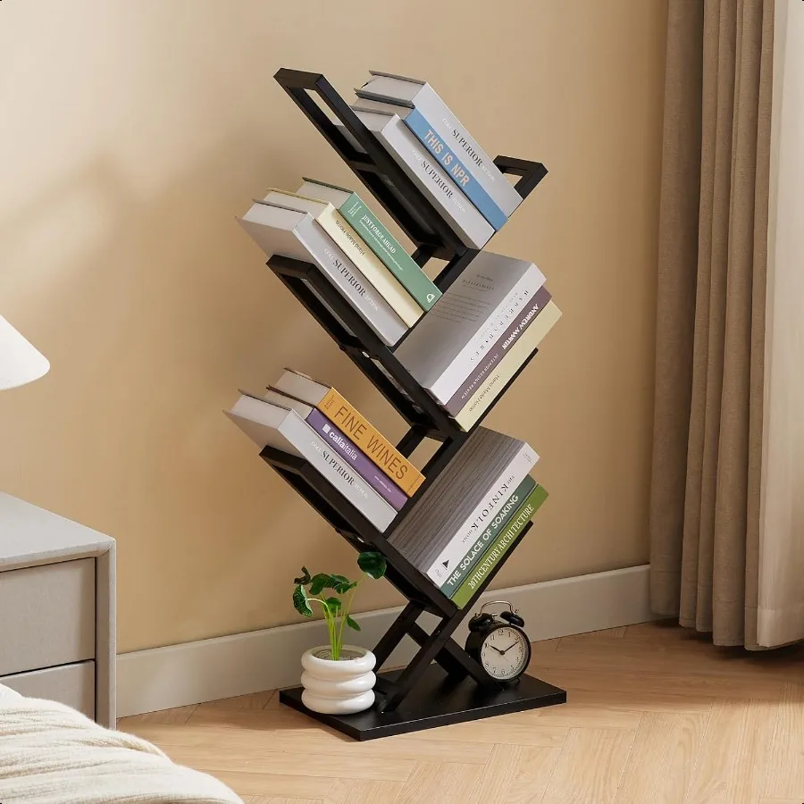 5 Tier Tree Bookshelf Floor Standing Bookshelf for Narrow Space Storage Organizer Bookshees for Books CDs Magazine Bookcase wit