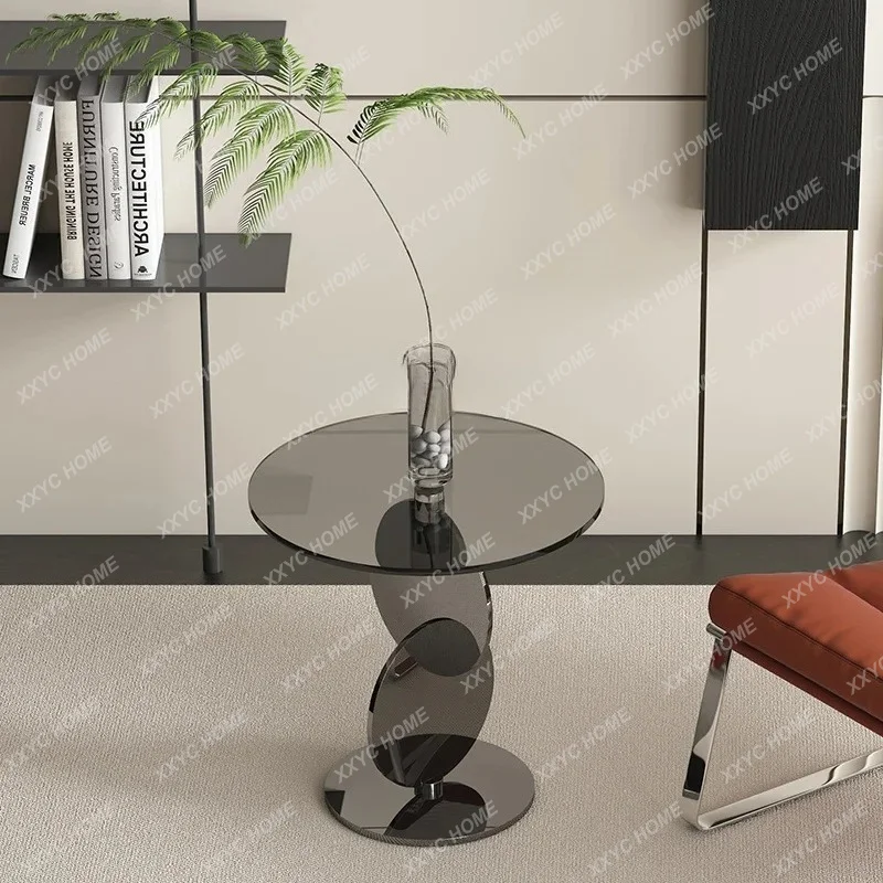 

light luxury coffee table stainless steel glass edge table creative small round table