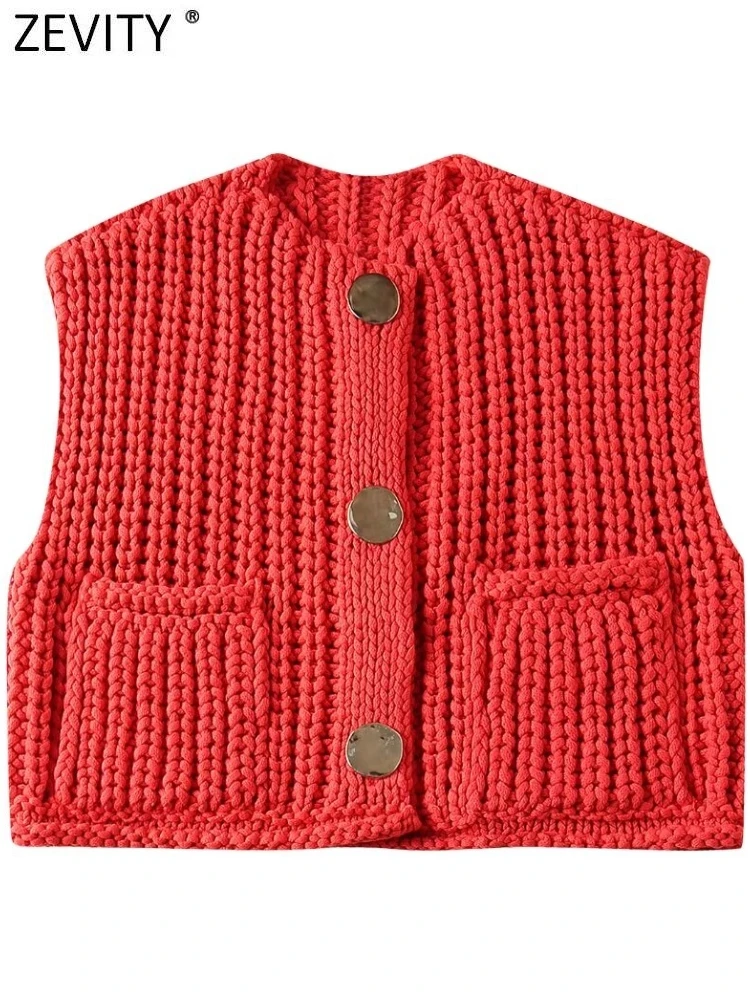 

Zevity New Women Fashion Sleeveless Double Pockets Patch Knitting Short Vest Sweater Ladies Button Cardigan WaistCoat Tops CT578